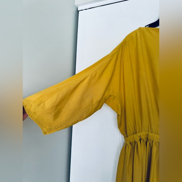 Gorgeous Asymmetrical shoulder & sleeves cut out waist flare midi dress mustard - Picture 10 of 11